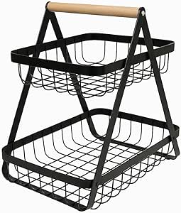 Fruteira de Mesa 2 Andares Compacta Pequena Metal Com Alça De Madeira Cesto Aramado Frutas E Legumes Para Cozinha Sala Bancada Multiuso Preta Ou Branca (Preta)