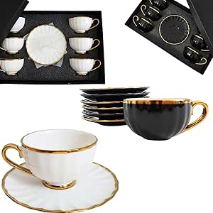 Jogo de Xícaras para Café 90ml com Pires e Bordas Douradas em Cerâmica Ideal para Servir com Sofisticação em Qualquer Ocasião (PRETO)