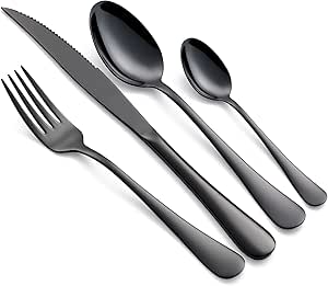 AMIKOTON Conjunto de Talheres de Aço Inoxidável 24 Peças Preto, 6 Faca, 6 Garfo, 6 Colher de Mesa e 6 Colher de Chá, Polido e Espelhado, Lavável na Lavadora, Ideal para Jantar Formal