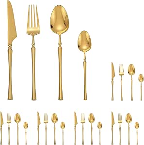 Conjunto de Talheres na Cor Dourada com Superfície Lisa - 24 Peças para Jantares Elegantes e Casamentos