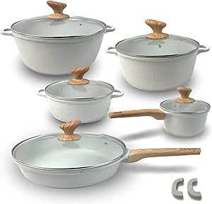 Conjunto de Panelas de Cerâmica Antiaderente Revestido de Granito, 5 Peças, Cozinha Saudável, Livre de PFOA (Branco)