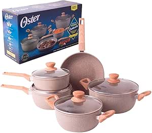 OSTER Conjunto de Panelas Antiaderentes 5 Peças Marble Edition - Jogo de Panela e Frigideira, Construção em Alumínio e Revestimento Duplo de Cerâmica, Alças e Cabos Revestidos em Silicone - Cinza Dust