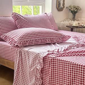 NSNLGSGC Jogo de cama King King Red Gingham com babados, microfibra pré-lavada, pré-lavada, xadrez, 4 peças, jogo de lençol de fazenda com bolso profundo