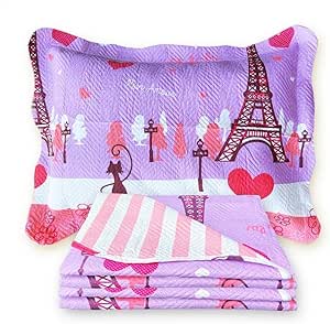Kit 2 Peças Colcha Quarto Infantil Solteiro Para Meninos e Meninas Cobre Leito Dupla Face Matelado Lavável à Máquina Conforto e Elegância. (MENINA EM PARIS)