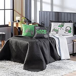 Kit Cobre Leito Colcha SOLTEIRO 05 Peças Game Streamer Dupla Face com Almofadas Estampadas - Jogo Conjunto Decoração Roupa de Cama Infantil Juvenil Gamer (Verde)