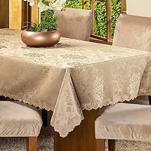 Toalha de Mesa Retangular para 8 Lugares Avulsa Jacquard Medalhão 2,50m x 1,40m - Decoração Cozinha Moderna Luxo Desenho Alto Relevo Brilhante (Dourado)