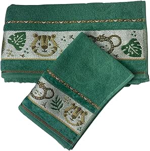Kit 1 Toalha De Banho E 1 De Rosto Infantil Kids 100% Algodão 2pçs Jacquard Super Macia Menino Menina (Selva Verde)