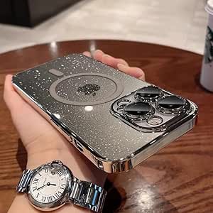 Capa de Celular para iPhone 15 com Glitter e Protetor de Câmera, Antiarranhões e Compatível com Magsafe (Prata, IPhone 15 Pro)