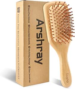 Arshray Escova de cabelo de bambu de madeira com cabo de madeira e cerdas de bambu, reduz a estática, ideal para cabelos secos, encaracolados, grossos, finos e lisos
