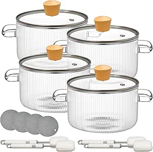 TANEMUDO 4 panelas de vidro transparente para cozinhar no fogão, panela de vidro de 1,3 L 1,25 g com tampa e alça, panela de borossilicato para ferver, panelas feitas à mão com escovas e tapetes de
