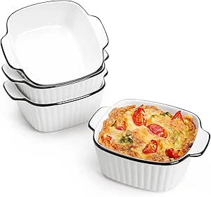 NUTRIUPS Conjunto de 4 assadeiras de cerâmica de 368 g, 14 x 12 x 6 cm, pequena assadeira para fritadeira a ar, assadeira de cerâmica com alças, segura para forno e micro-ondas