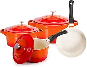 LE COOK Jogo de Panela Premier Antiaderente Cerâmica 4 Peças Laranja Caçarola 20cm 24cm, revestimento ceramico Frigideira e Panela com Cabo Removível Compatível com Indução e Forno