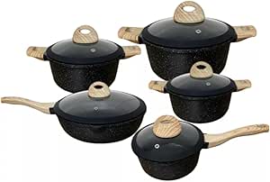 Jogo de 5 Panelas em Ceramica Acabamento Madeira, 5 Peças, Indução, Fogo, Eletrico com Tampa de Vidro. (Preto)