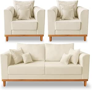Kit Sofá 3 Lugares e Poltronas Sala de Estar Beny Suede Bege Madeira Prima Deccor