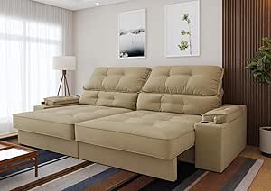 Sofá Santiago Retrátil e Reclinável 3 Lugares 2 assentos Suede 200cm com abertura de 130cm (Bege)