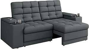 Sofá Confort Premium 1,70m Assento Retrátil/Reclinável porta copos e USB Suede Cinza - XFlex Sofas