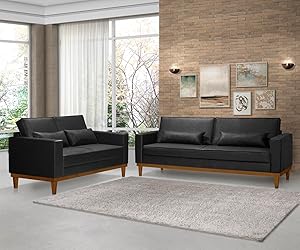Conjunto Sofá Living 3 E 2 Lugares - Valência - Corino Preto