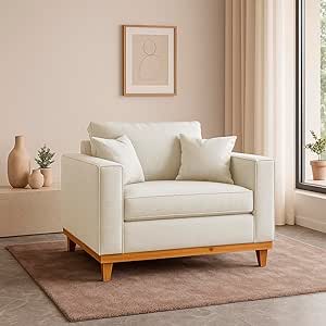 Poltrona Sofa Benny com Almofada Linho Base de Madeira Castanho (Bege)