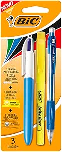 BIC, Kit 1 Caneta 4 Cores Escrita Média + 1 Marca Texto com Ponta Chanfrada Briteliner + 1 Lapiseira Velocity Grip, 3 Unidades