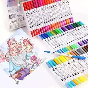 Kit 24/36/48/60/80/100/120 Cores Brush Pen 2 em 1 – Canetas de Dupla Ponta (Pincel e Fina) para Lettering, Desenho, Pintura e Artesanato (120 cores)